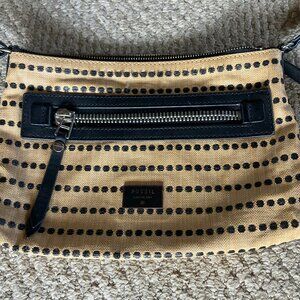 Fossil Purse Womens Tan Black Silver Crossbody Over Shoulder Strap Zipper Dots